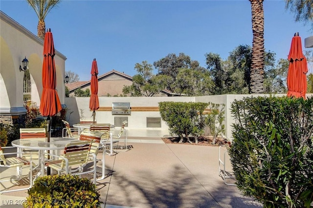 view of patio with outdoor dining space, an outdoor kitchen, and grilling area