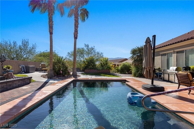 view of swimming pool with a fenced in pool, area for grilling, and a patio area