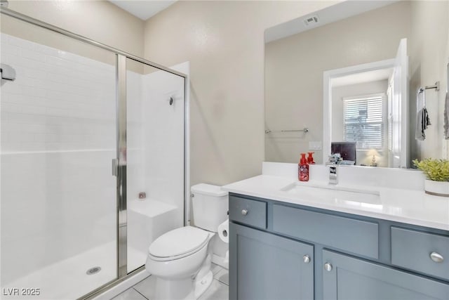 bathroom with vanity, visible vents, and a stall shower