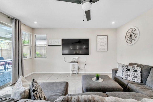 living room with tile patterned floors, baseboards, recessed lighting, and a ceiling fan