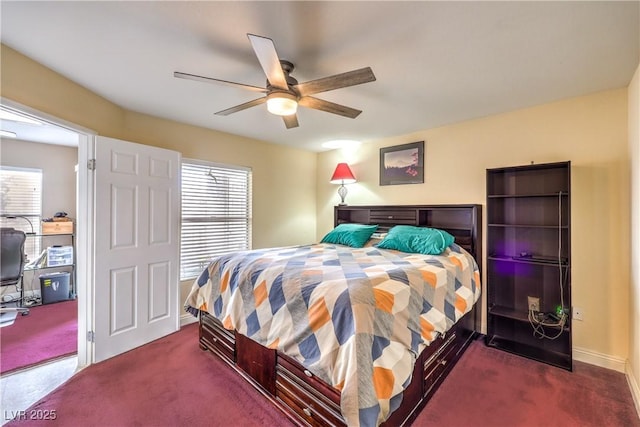 bedroom featuring baseboards, a ceiling fan, and carpet flooring