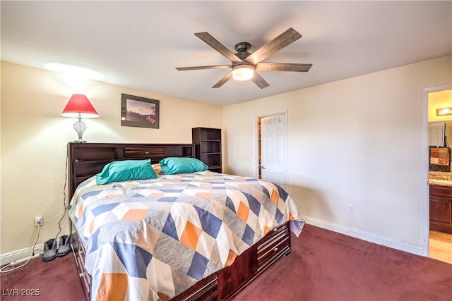 bedroom featuring connected bathroom, baseboards, carpet, and a ceiling fan