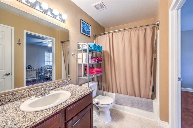 bathroom with visible vents, shower / bath combo with shower curtain, toilet, tile patterned flooring, and vanity