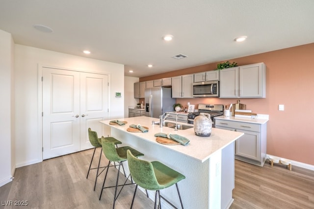 kitchen with visible vents, light countertops, a kitchen breakfast bar, stainless steel appliances, and a sink