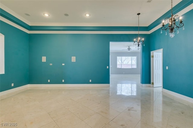 spare room featuring recessed lighting, ceiling fan with notable chandelier, crown molding, and baseboards