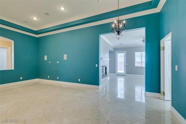 unfurnished room featuring baseboards, ornamental molding, recessed lighting, ceiling fan with notable chandelier, and a fireplace