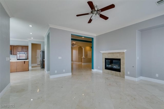 unfurnished living room featuring visible vents, a fireplace, and baseboards