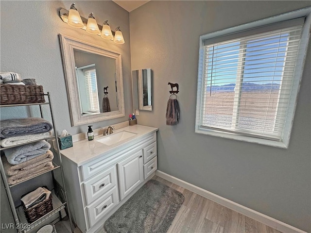 bathroom with vanity, baseboards, and wood finished floors