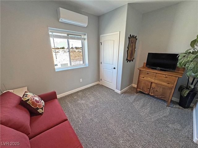 sitting room featuring baseboards, an AC wall unit, and dark carpet