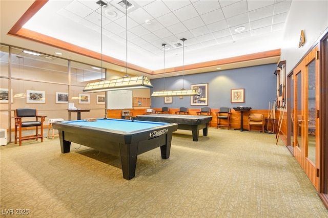 playroom with visible vents, pool table, a raised ceiling, and carpet