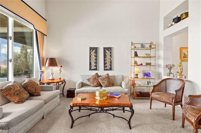 carpeted living area with a high ceiling