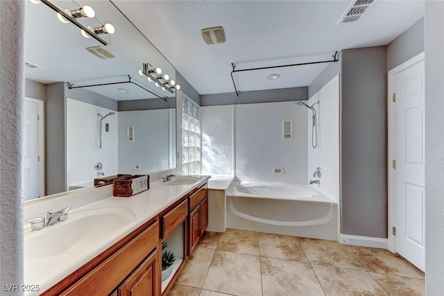 bathroom with bathing tub / shower combination, double vanity, visible vents, and a sink