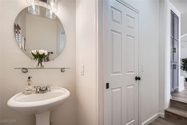 bathroom with a sink, baseboards, and wood finished floors