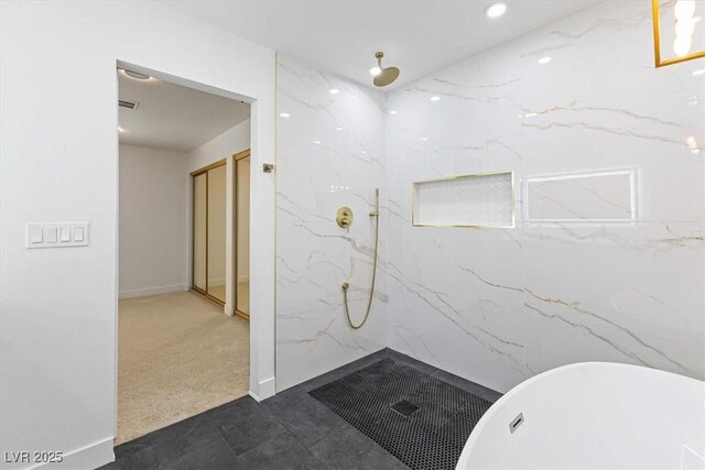 full bath featuring a marble finish shower and a soaking tub