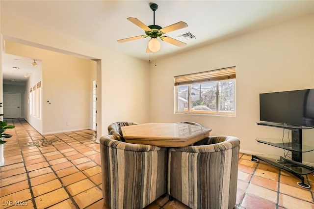 dining area with visible vents, baseboards, and ceiling fan