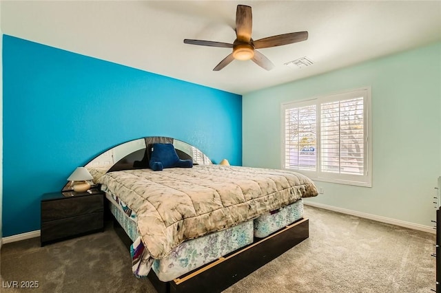 bedroom with visible vents, a ceiling fan, baseboards, and carpet floors