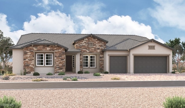 view of front of house featuring a tile roof, stucco siding, driveway, stone siding, and an attached garage