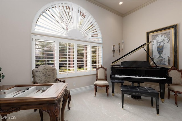 living area with crown molding, carpet flooring, recessed lighting, and baseboards