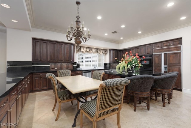 dining room with recessed lighting, visible vents, a notable chandelier, and ornamental molding