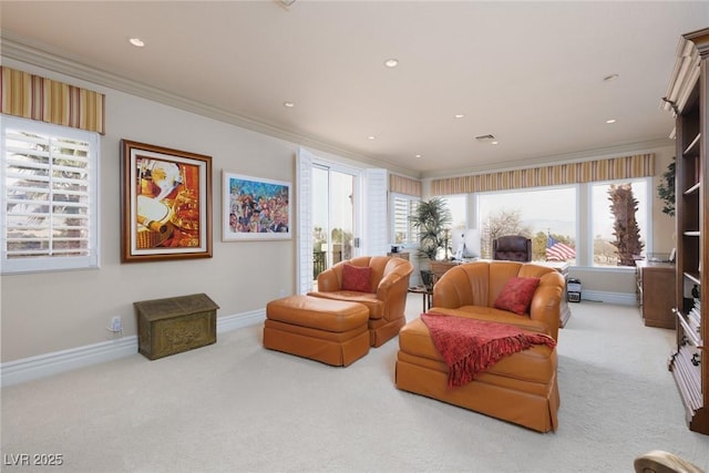 living room featuring recessed lighting, baseboards, carpet flooring, and crown molding