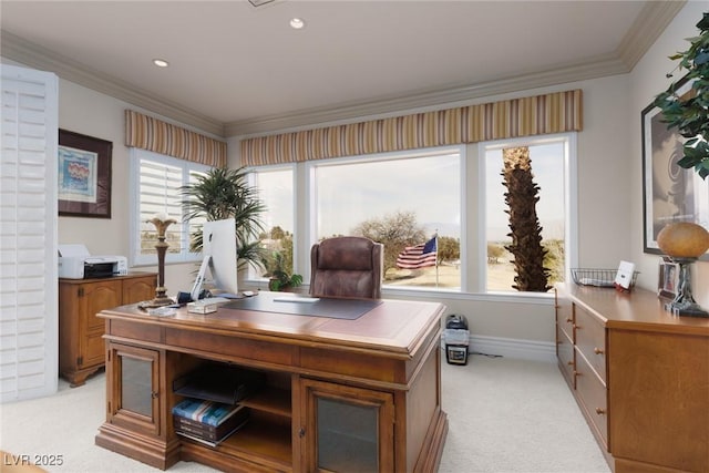 office area with light carpet, recessed lighting, a healthy amount of sunlight, and crown molding