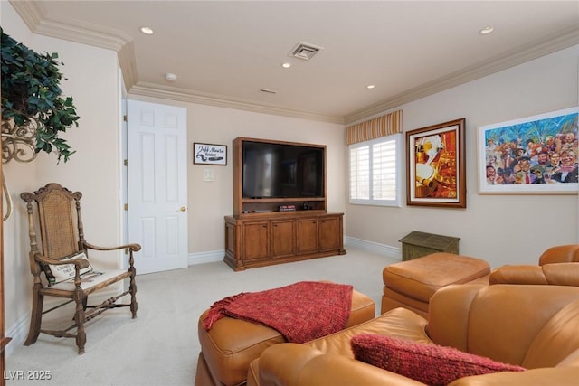 living area featuring recessed lighting, light colored carpet, crown molding, and baseboards