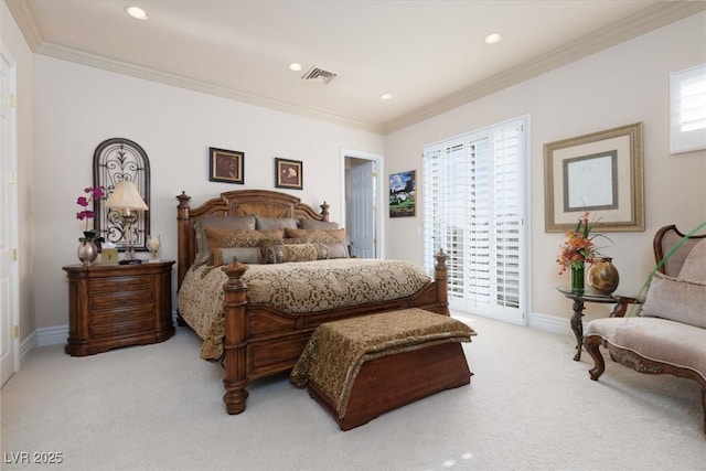 bedroom featuring access to exterior, visible vents, baseboards, ornamental molding, and light carpet