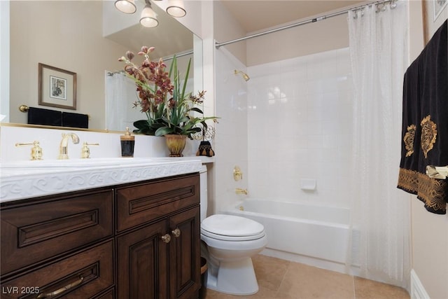 bathroom with tile patterned floors, toilet, vanity, and shower / tub combo with curtain