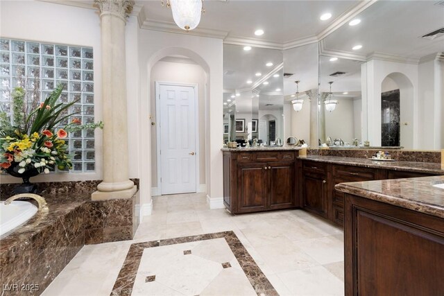 full bathroom with recessed lighting, baseboards, and ornamental molding