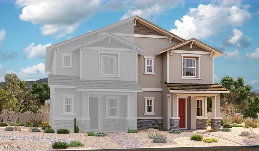 craftsman house featuring stone siding and stucco siding