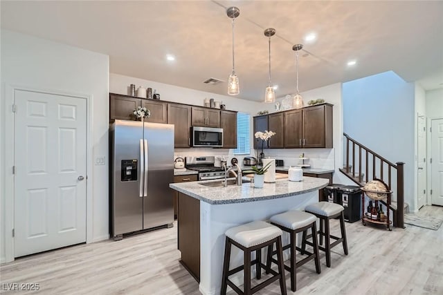 kitchen featuring light wood finished floors, visible vents, dark brown cabinets, stainless steel appliances, and a sink