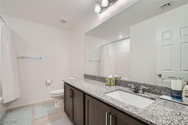 full bath with tile patterned flooring, toilet, vanity, and visible vents