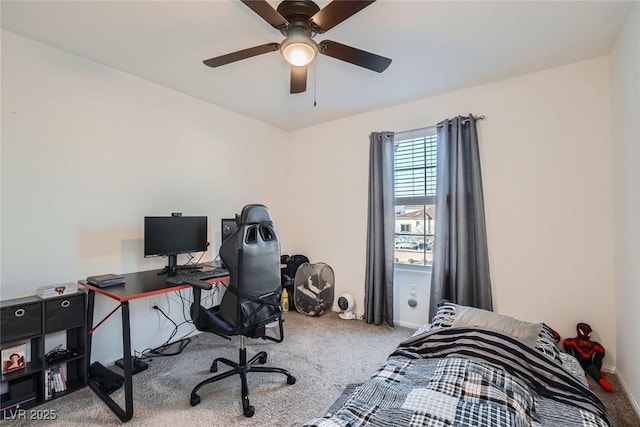 bedroom featuring a ceiling fan, baseboards, and carpet floors