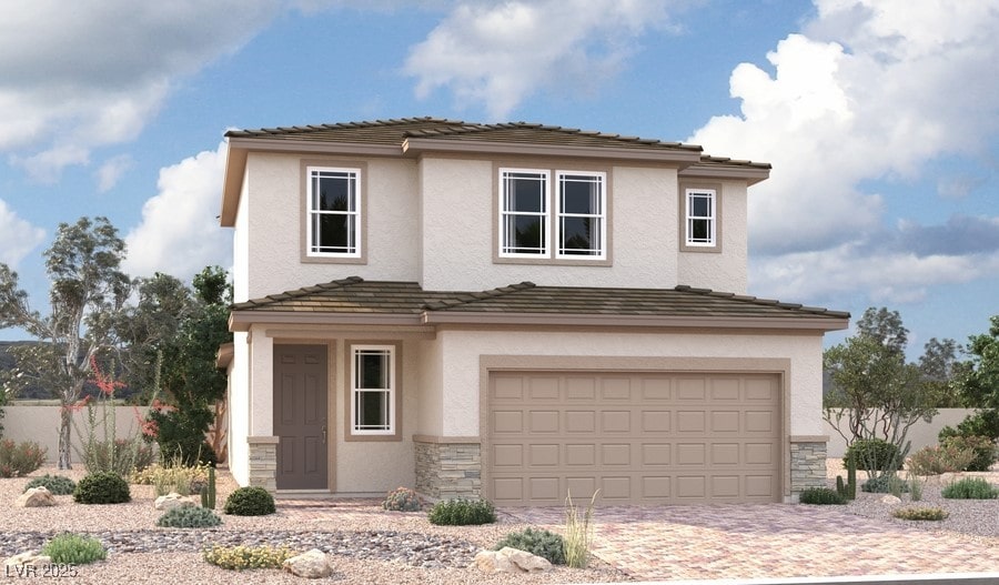 view of front of house featuring stone siding, stucco siding, an attached garage, and driveway