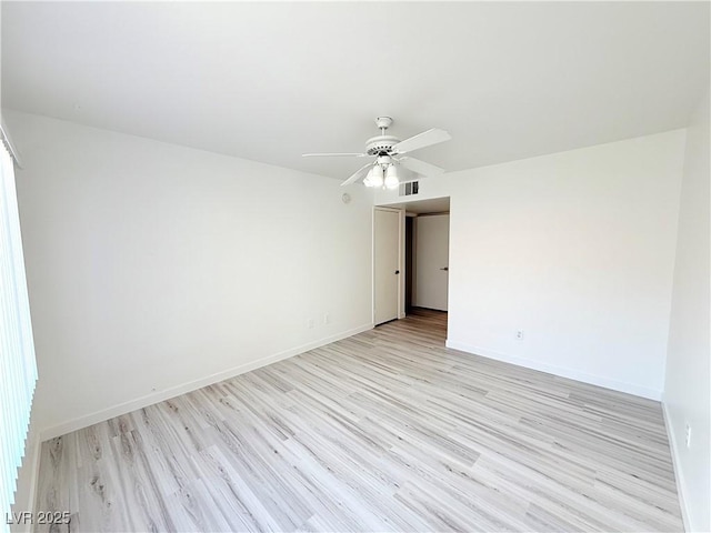 empty room with visible vents, ceiling fan, light wood-style floors, and baseboards