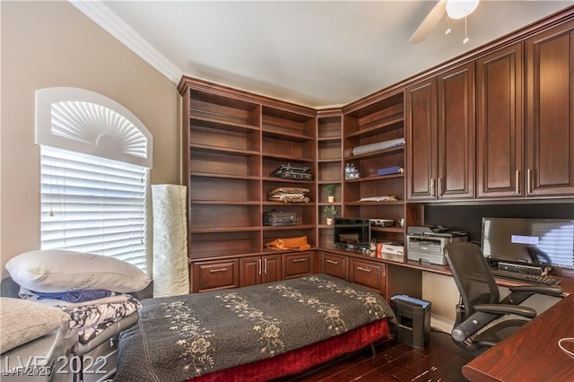 office space with crown molding, wood finished floors, and ceiling fan