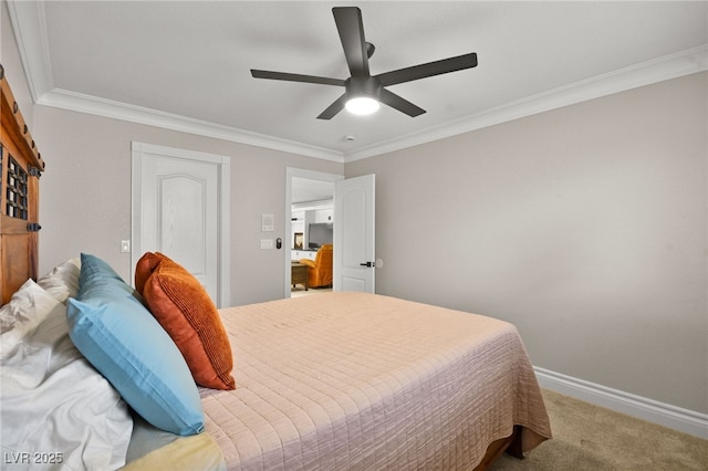 bedroom with carpet flooring, ceiling fan, baseboards, and ornamental molding