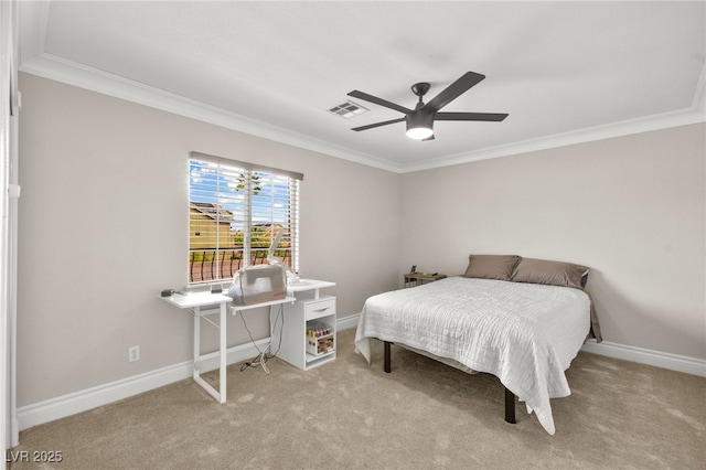 bedroom featuring visible vents, carpet floors, baseboards, and ornamental molding