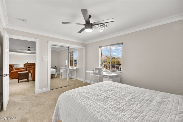 bedroom featuring visible vents, baseboards, a closet, crown molding, and light colored carpet