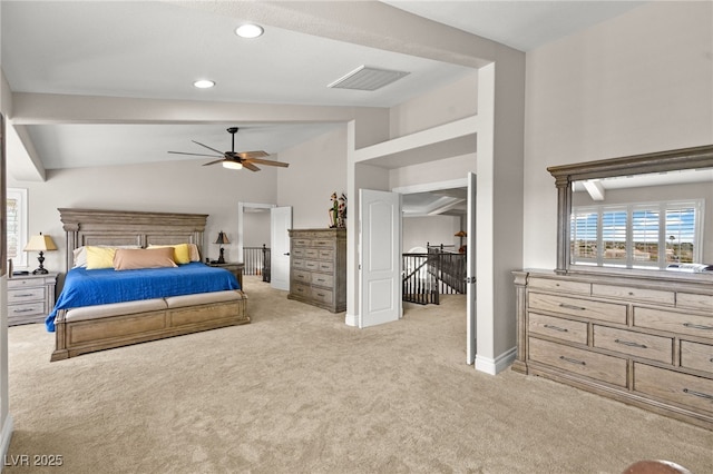 carpeted bedroom with visible vents, baseboards, vaulted ceiling, recessed lighting, and a ceiling fan