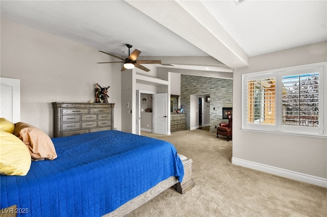 bedroom featuring lofted ceiling with beams, baseboards, and carpet floors