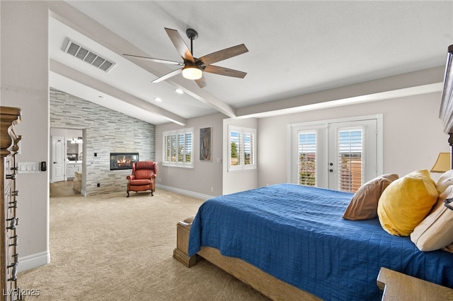 bedroom with visible vents, lofted ceiling with beams, french doors, carpet floors, and access to exterior