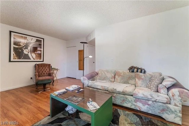 living room featuring a textured ceiling and wood finished floors