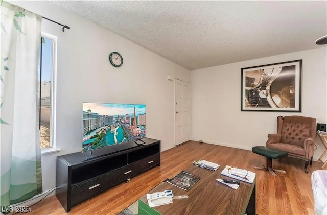 living area with a textured ceiling and wood finished floors