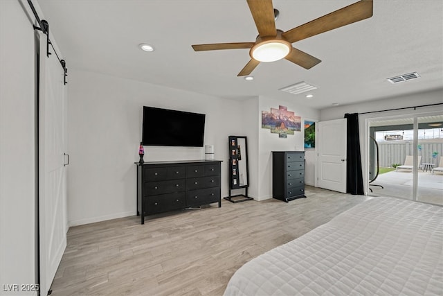 bedroom with visible vents, access to outside, recessed lighting, light wood finished floors, and baseboards