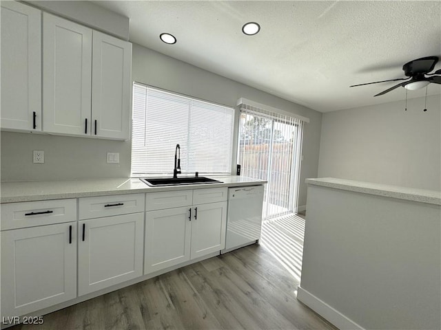 kitchen featuring light wood-type flooring, a ceiling fan, a sink, white cabinetry, and white dishwasher