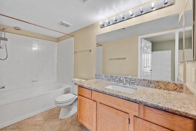 full bath featuring tile patterned floors, visible vents, toilet, shower / bathing tub combination, and vanity