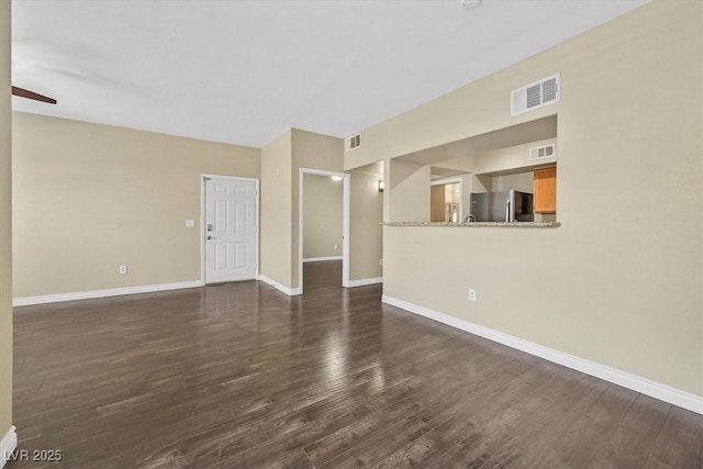 unfurnished living room featuring visible vents, baseboards, and dark wood-type flooring