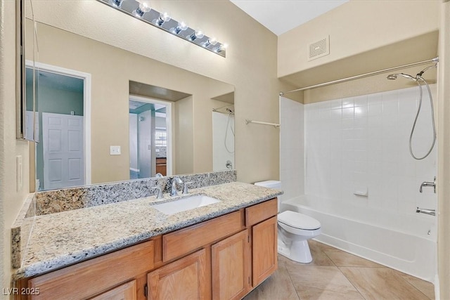 bathroom featuring vanity, visible vents, tile patterned flooring, shower / washtub combination, and toilet