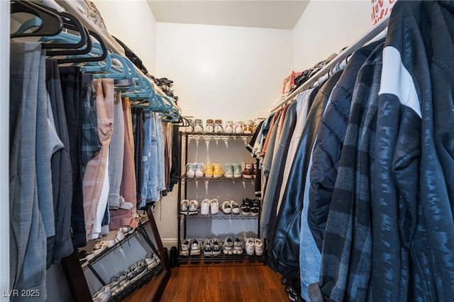 walk in closet with wood finished floors